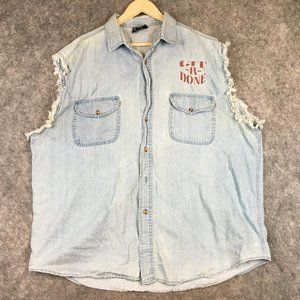 Larry the Cable Guy Shirt 2X Git R Done Cutoff Fringe Denim Button Up Rebel Flag